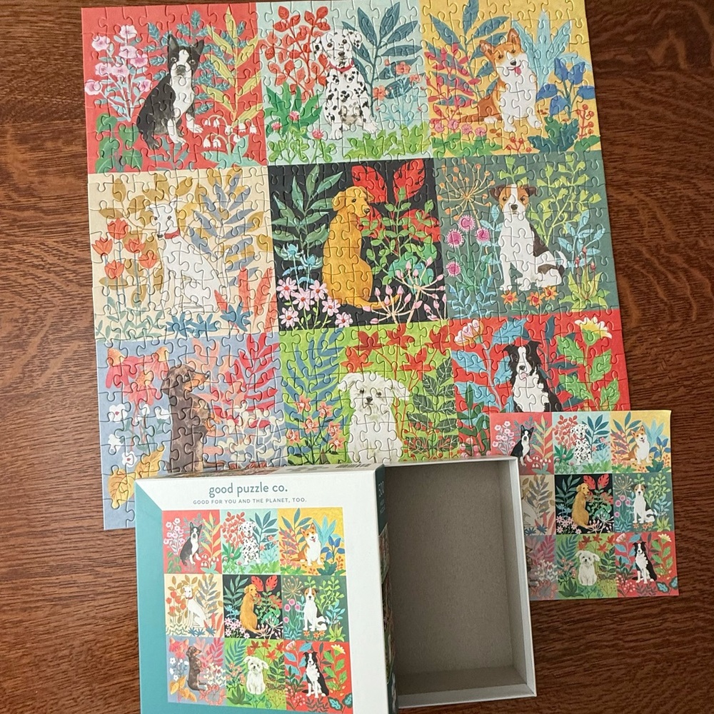 Good Puzzle Company Dogs and Flowers 500 Piece Complete Panel Bright Floral